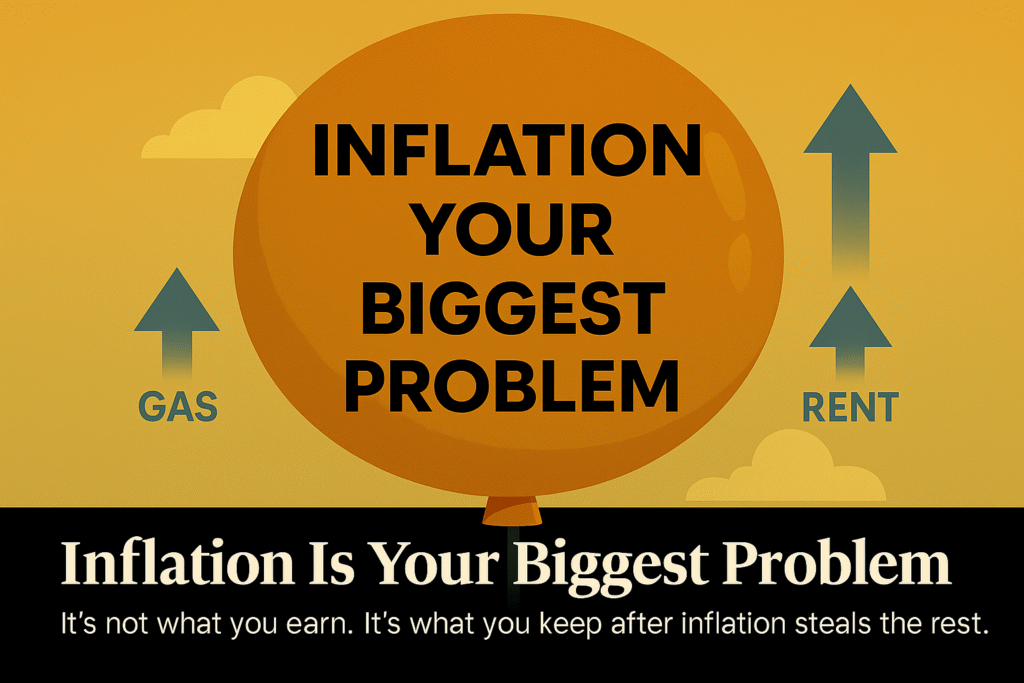 Orange balloon labeled ‘Inflation Your Biggest Problem’ rising with blue arrows labeled ‘Gas’ and ‘Rent’; tagline below reads ‘It’s not what you earn—it’s what you keep after inflation steals the rest.