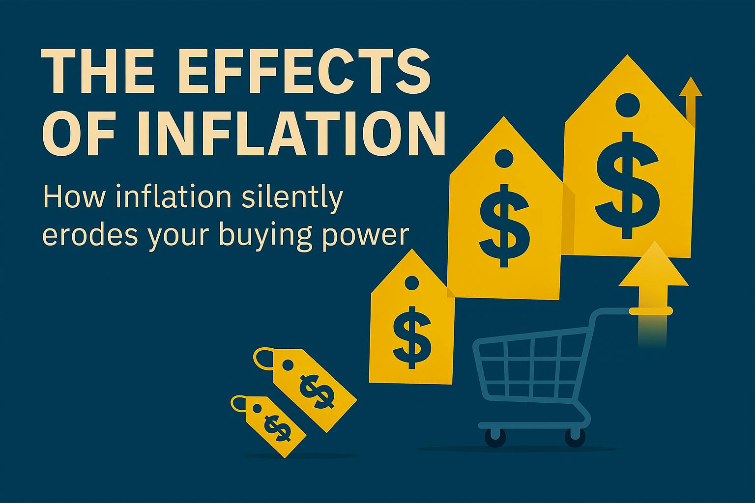 Yellow dollar-sign price tags and houses rising above a shopping cart, illustrating how inflation reduces purchasing power over time.