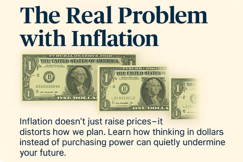 A graphic showing three one-dollar bills shrinking from large to small, illustrating how inflation reduces purchasing power. The headline reads “The Real Problem with Inflation,” with supporting text about how inflation distorts financial planning.
