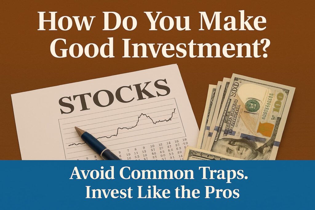 How to make a good investment — illustration showing stock chart, pen, and cash representing investment choices.